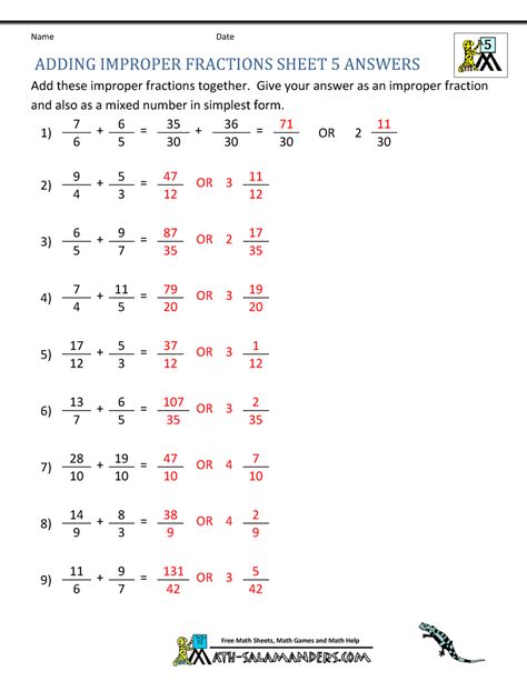 Adding Improper Fractions Support Page Math Salamanders Grade 3 Improper Fractions Worksheet - Grade 3 Improper Fractions Worksheet