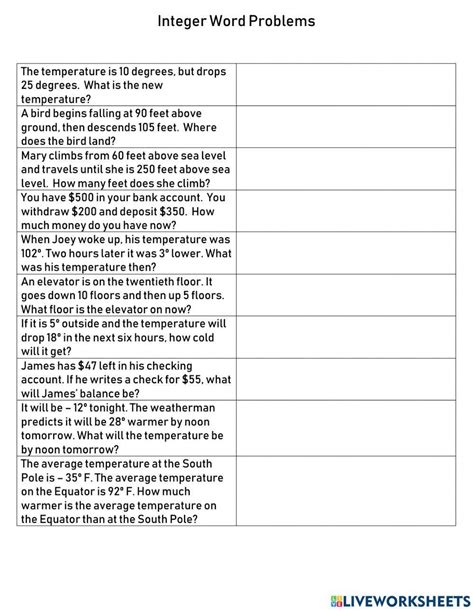 Adding Integers Word Problems Worksheet