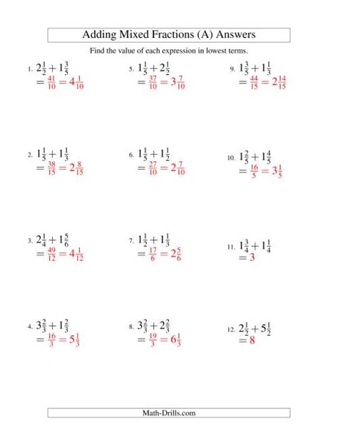 Adding Mixed Fractions Easy Version A Math Drills Adding Mixed Number Fractions Worksheet - Adding Mixed Number Fractions Worksheet
