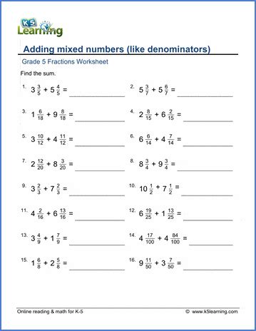 Adding Mixed Numbers Amp Fractions K5 Learning Adding Mixed Number Fractions Worksheet - Adding Mixed Number Fractions Worksheet
