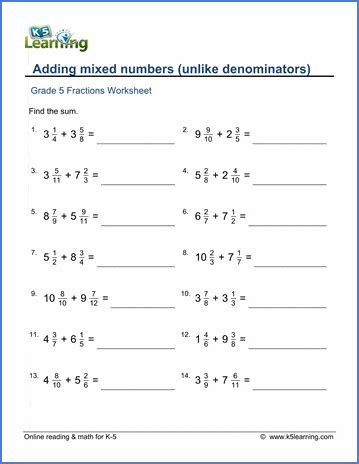 Adding Mixed Numbers Unlike Denominators K5 Learning Adding Mixed Number Fractions Worksheet - Adding Mixed Number Fractions Worksheet