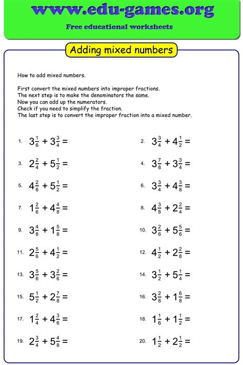 Adding Mixed Numbers Worksheets Like Denominators K5 Learning Adding Mixed Number Fractions Worksheet - Adding Mixed Number Fractions Worksheet