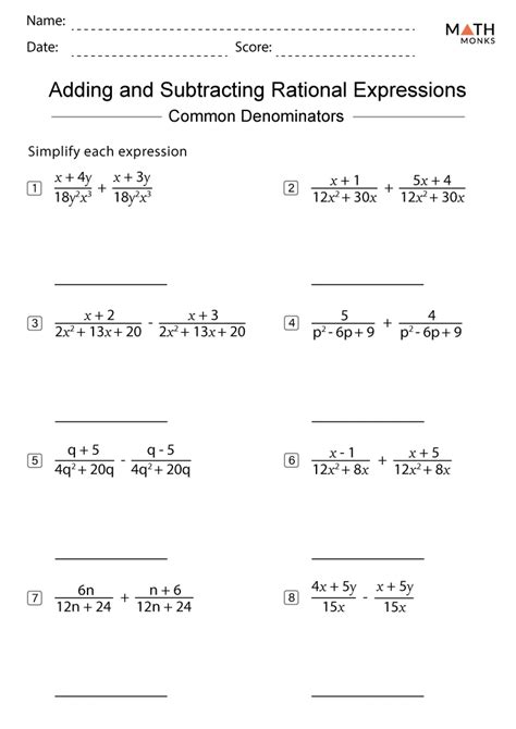 Adding Subtracting Rational Expressions Worksheet