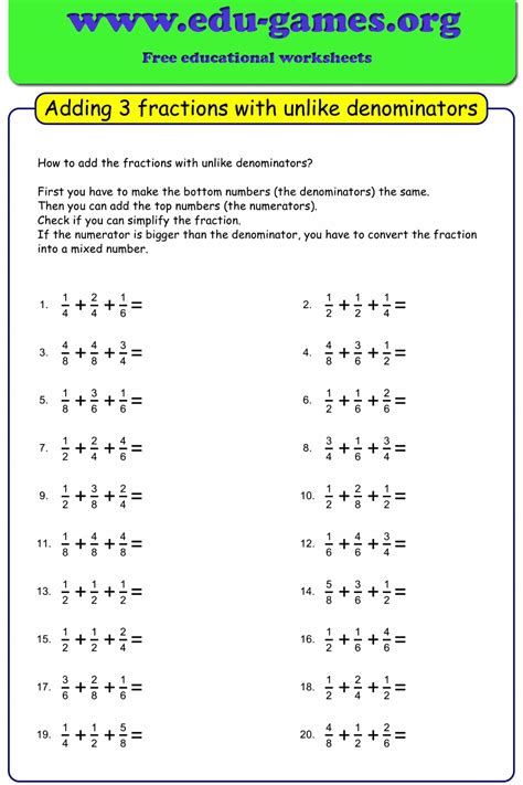 Adding Three Fractions Worksheets Math Worksheets 4 Kids Adding And Subtracting Three Fractions - Adding And Subtracting Three Fractions