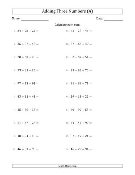 Adding Three Numbers Horizontally Range 10 To 99 3 Addends Worksheet - 3 Addends Worksheet