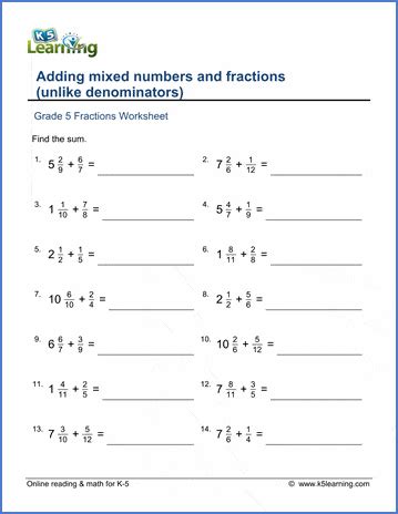 Adding Unlike Fractions K5 Learning Addition Of Unlike Fractions - Addition Of Unlike Fractions