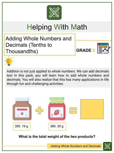 Adding Whole Numbers And Decimals Tenths To Thousandths Tenth Grade Math Worksheets - Tenth Grade Math Worksheets