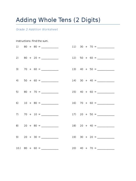 Adding Whole Tens Two Digits Grade 1 Addition Tens And Ones Worksheets Grade 2 - Tens And Ones Worksheets Grade 2