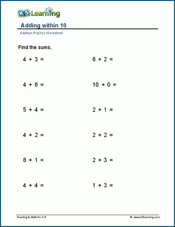 Adding Within 10 Horizontal Worksheets K5 Learning Addition Facts To 10 - Addition Facts To 10