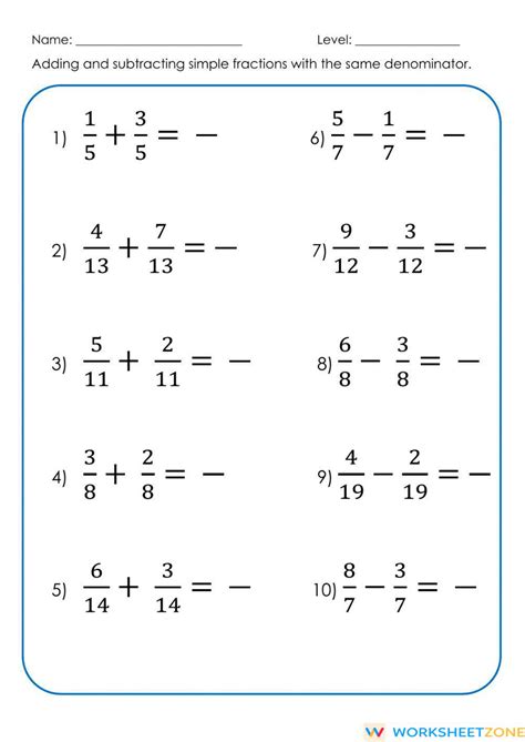 Addition And Subtraction Of Fractions Subtract Fractions - Subtract Fractions