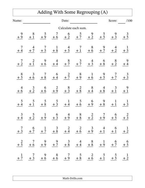 Addition Math Worksheet   100 Single Digit Addition Questions With Some Regrouping - Addition Math Worksheet