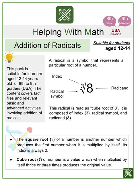 Addition Of Radicals Math Worksheets Ages 12 14 Addition Of Radicals Worksheet - Addition Of Radicals Worksheet