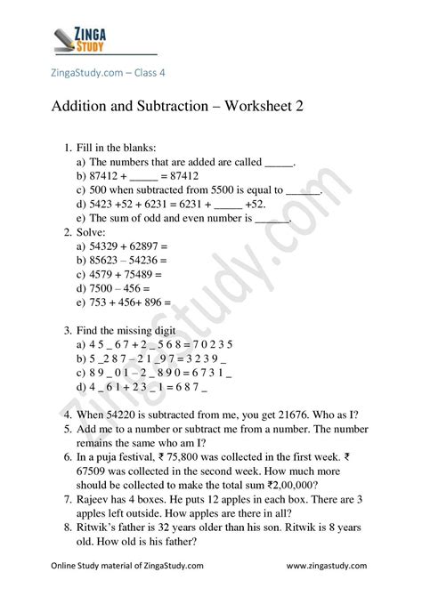 Addition Worksheet For Class 4