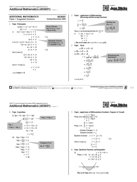 Additional Mathematics 4038