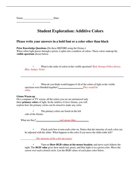 Additive Colors Gizmo Answer Sheet
