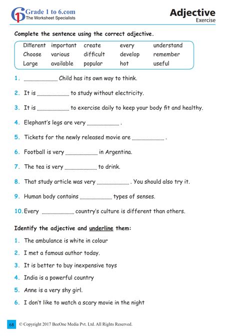 Adjective Exercise For Class 6