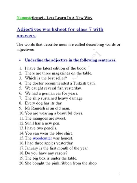 Adjective Worksheet For Class 7