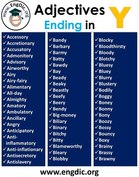 Adjectives Ending In Y Alphabetic List Most Common Adjectives Ending In Y - Adjectives Ending In Y