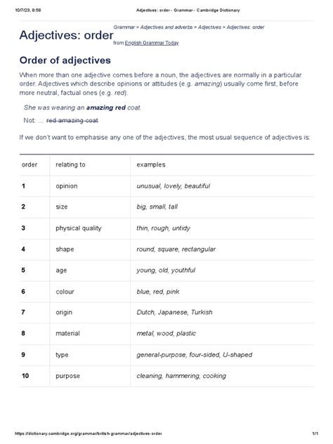 Adjectives Order Grammar Cambridge Dictionary Order Words For Writing - Order Words For Writing