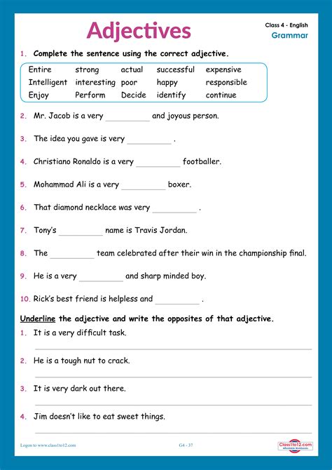 Adjectives Worksheets For Class 4