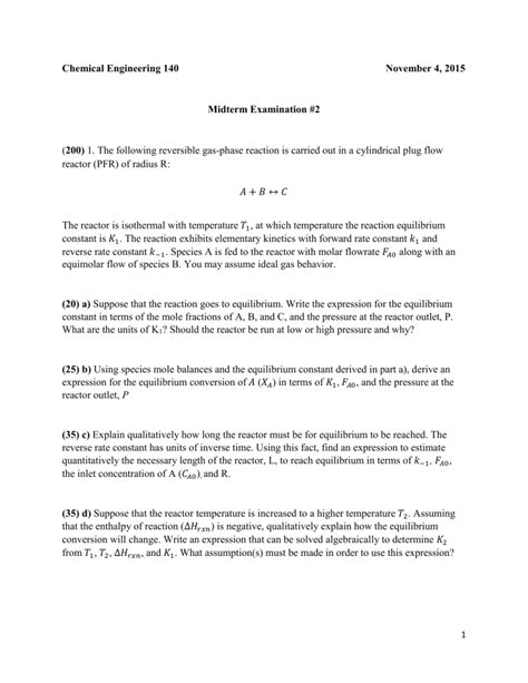 advanced chemical reaction engineering midterm exam solution