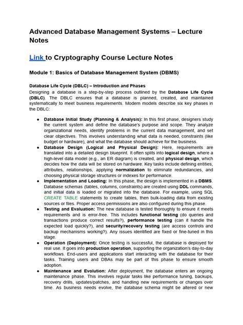Advanced Database Systems Lecture Notes Pdf Download