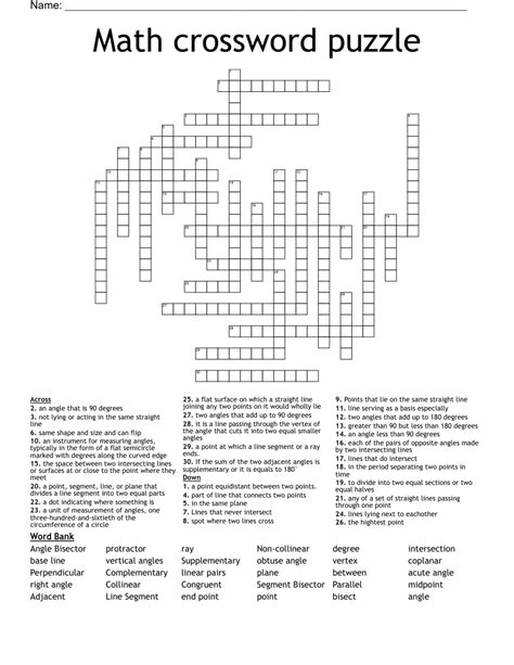 Advanced H S Math Course Crossword Clue Puzzle Math Course Crossword - Math Course Crossword