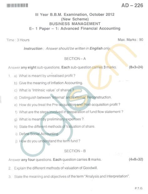 Read Online Advanced Financial Accounting Bangalore University Question Paper 