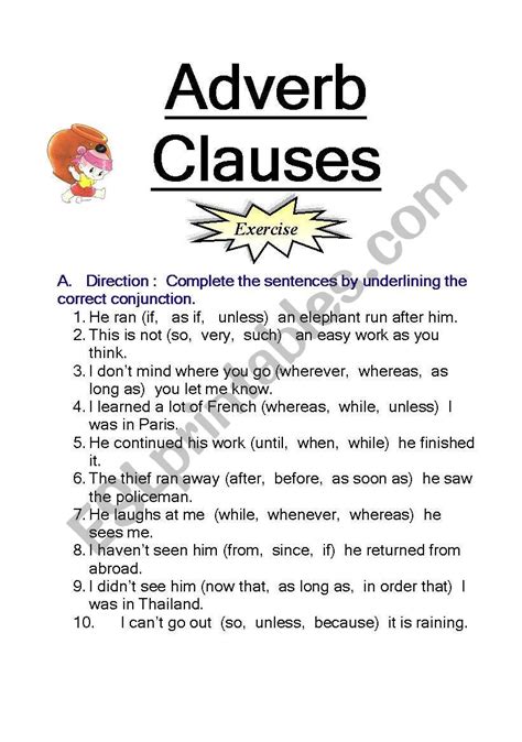 Adverbial Clauses Worksheets Esl Printables Adverb Clauses Worksheet - Adverb Clauses Worksheet