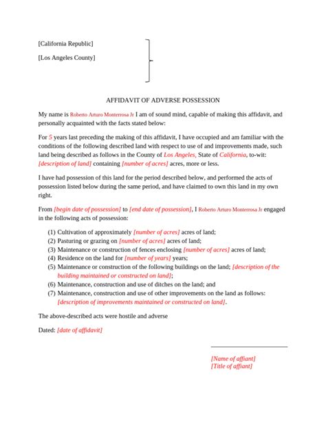 adverse possession affidavit sample