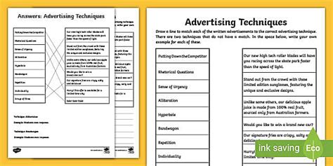 Advertising Techniques Matching Activity Primary Resources Twinkl Advertising Techniques Worksheet Answers - Advertising Techniques Worksheet Answers