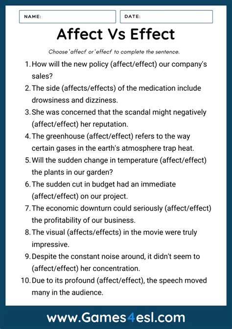 Affect Vs Effect Quiz With Printable Pdf Exercise Affect And Effect Practice Worksheet - Affect And Effect Practice Worksheet