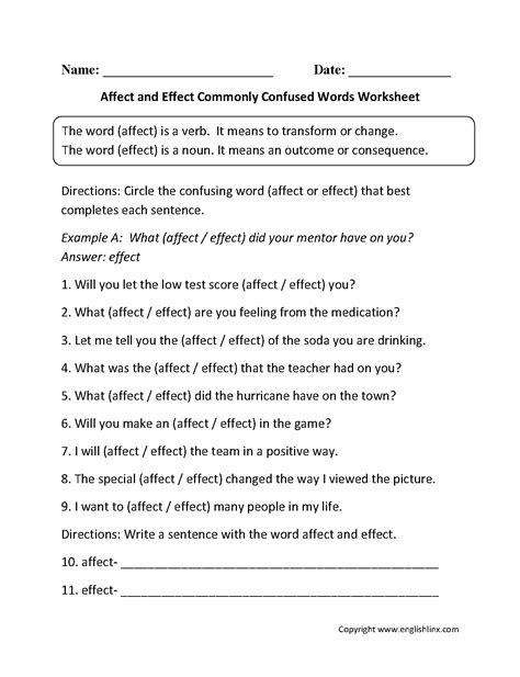 Affect Vs Effect Worksheet Commonly Confused Words Affect And Effect Practice Worksheet - Affect And Effect Practice Worksheet