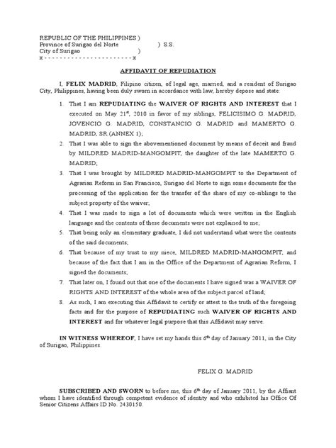 Affidavit Of Repudiation