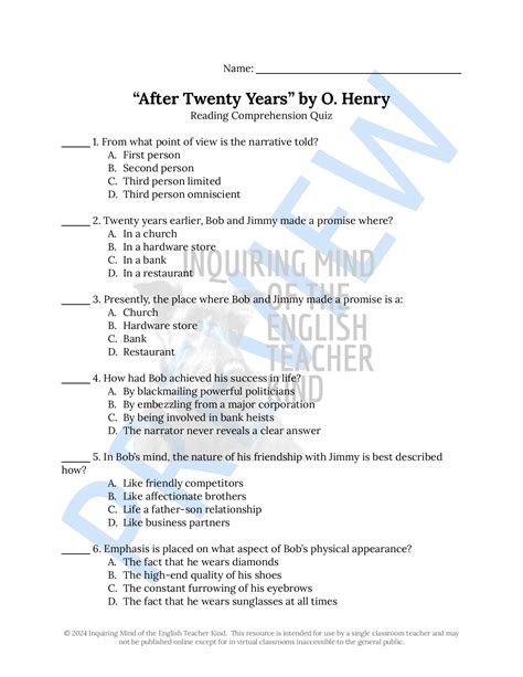 After Twenty Years Answer Key