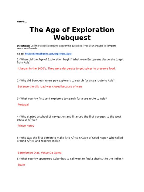 Age Of Exploration Webquest Answer Key