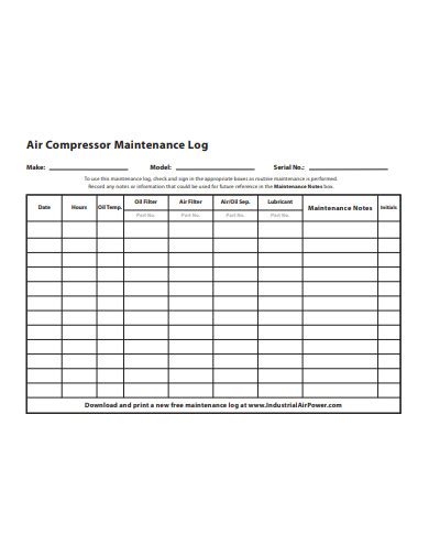 air compressor maintenance log template excel