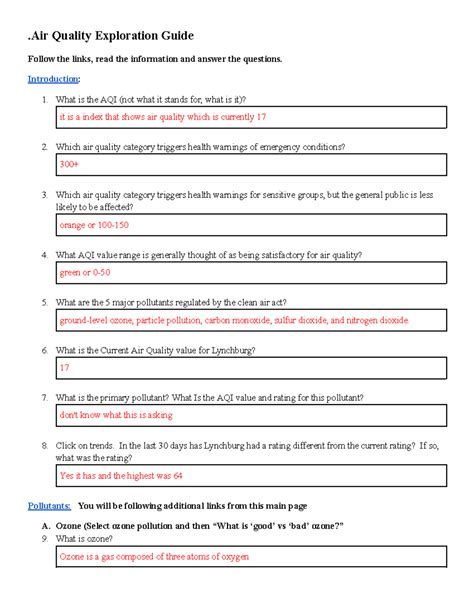 Air Quality Exploration Guide Answer Key