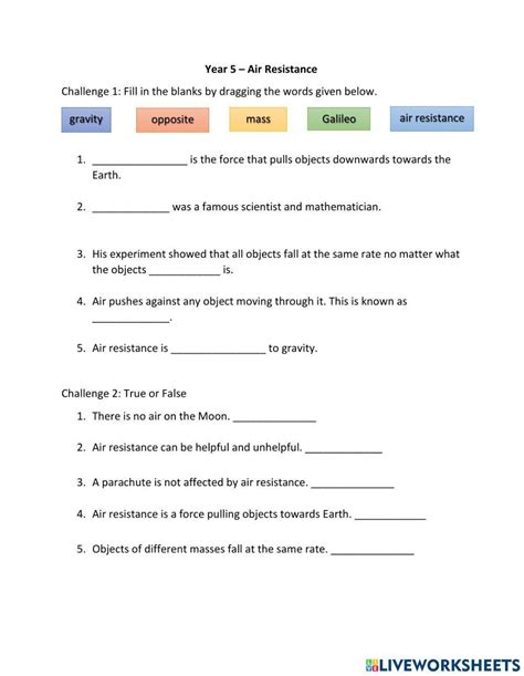Air Resistance Activity Live Worksheets Air Resistance Worksheet - Air Resistance Worksheet