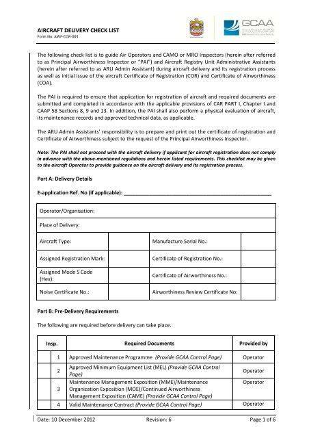 aircraft delivery check list