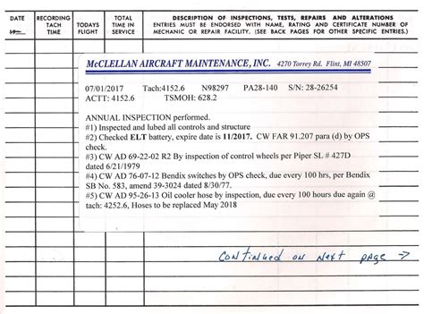 Aircraft Maintenance Logbook Entry Example