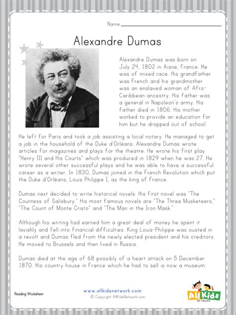 alexandre dumas biography summary worksheet