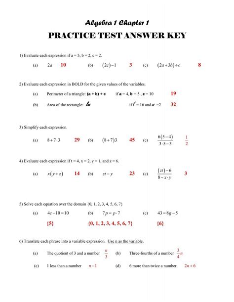 Algebra 1 Answer Key Pdf