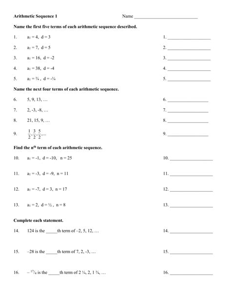 Algebra 1 Arithmetic Sequences Worksheet