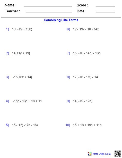 Algebra 1 Basics Worksheets Combining Like Terms Worksheets Algebra Combining Like Terms Worksheet - Algebra Combining Like Terms Worksheet