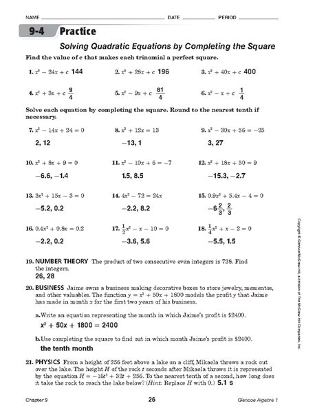 Algebra 1 Chapter 9 Study Guide Oak Park Independent