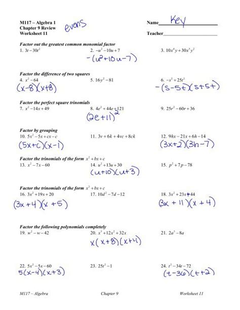 algebra 1 chapter 9 worksheet answers