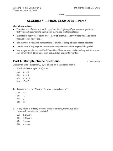 Algebra 1 Final Exam 2004 Answers