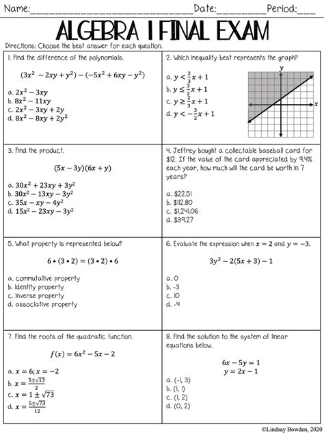 Algebra 1 Final Exam With Answers Pdf