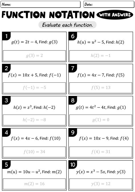 Algebra 1 Function Notation Worksheet